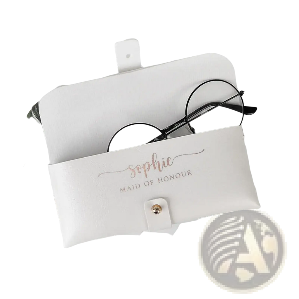 White leatherette glasses case with gold foil engraving sophie maid of honour personalized bridesmaid gift