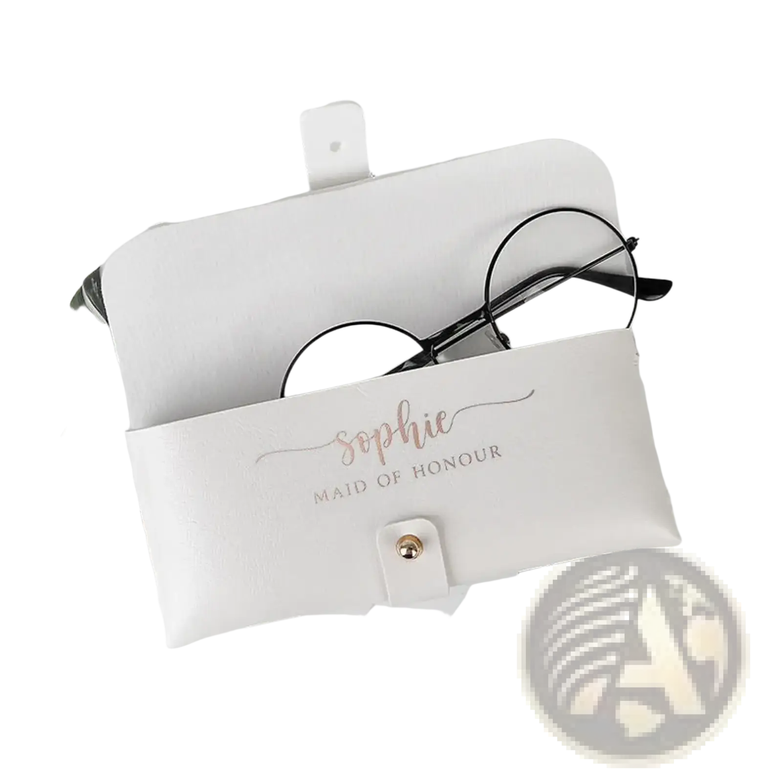 White leatherette glasses case with gold foil engraving sophie maid of honour personalized bridesmaid gift