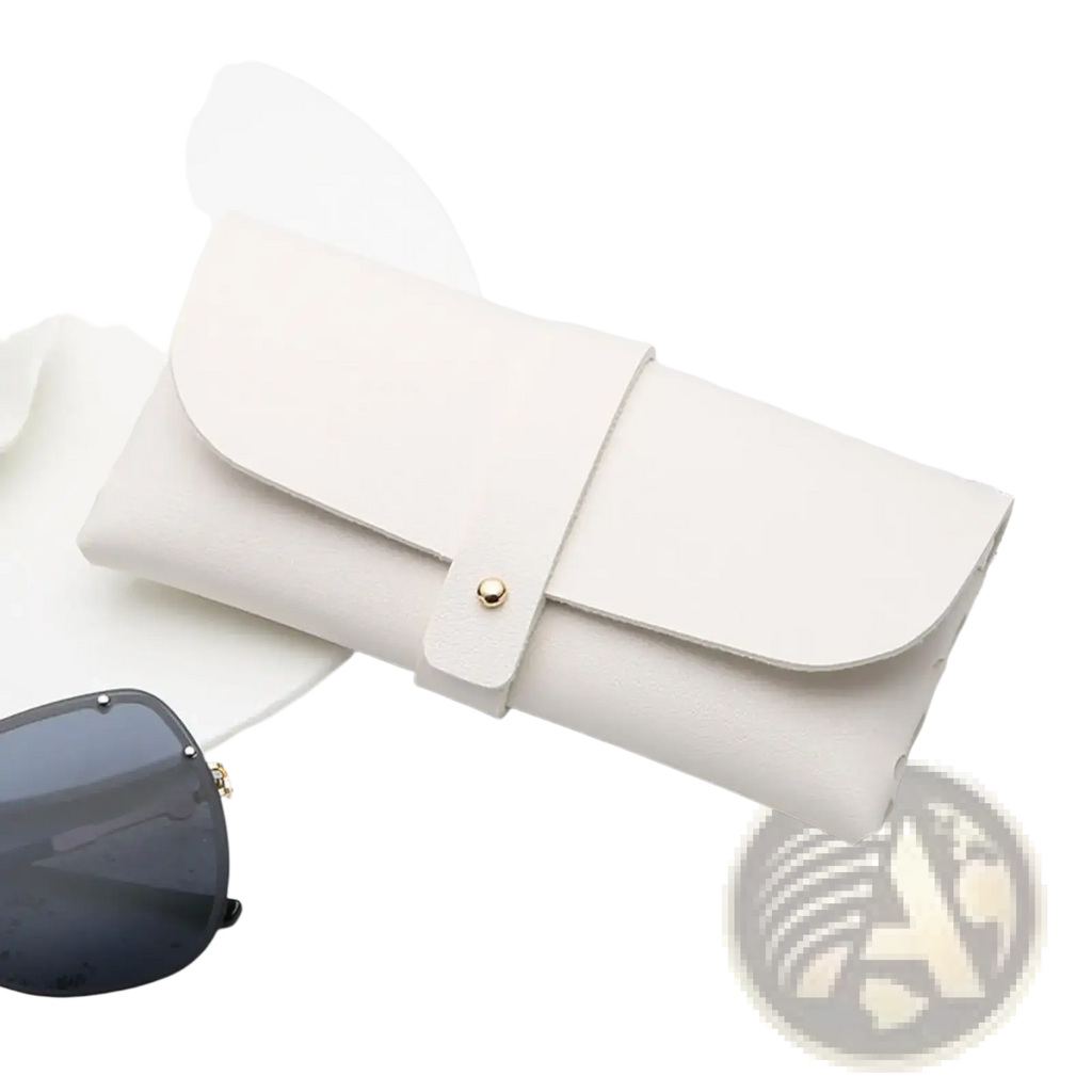 Cream-colored leather sunglasses case with gold-tone button closure personalized as a bridesmaid gift