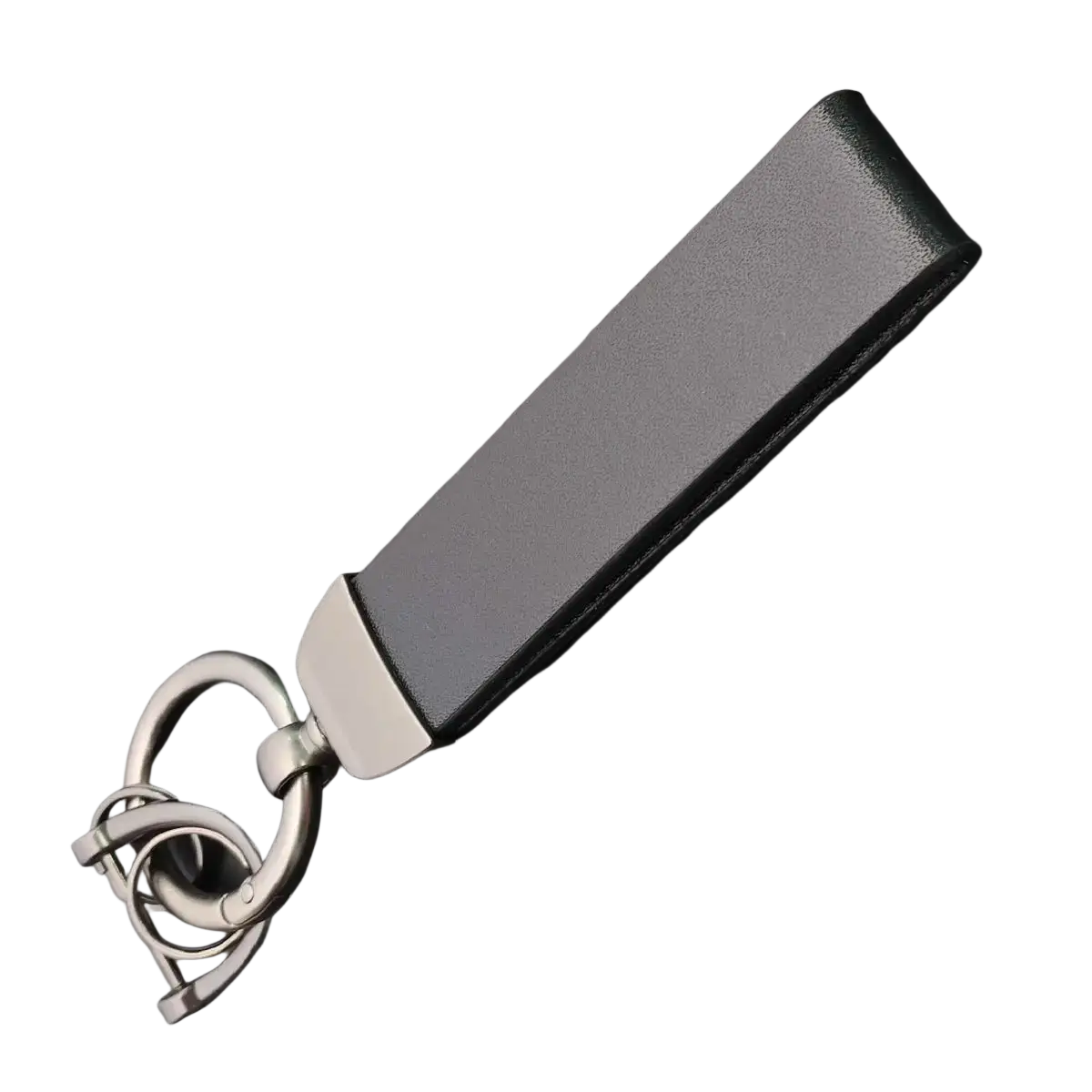 Black leather custom logo car keychain with sleek rectangular design and polished silver metal hardware