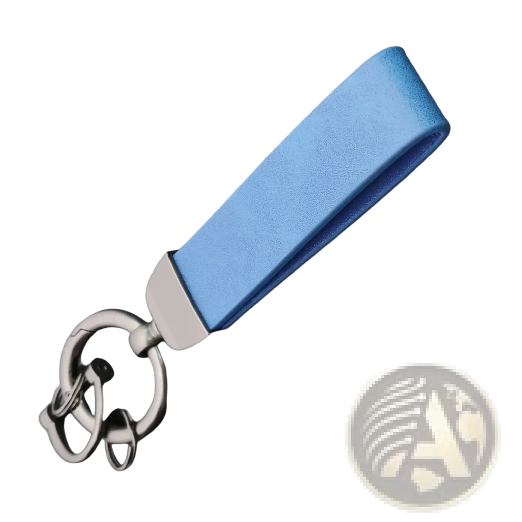 A sleek light blue leather custom logo car keychain with a silver metal ring and clasp personalized design