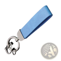 A sleek light blue leather custom logo car keychain with a silver metal ring and clasp personalized design
