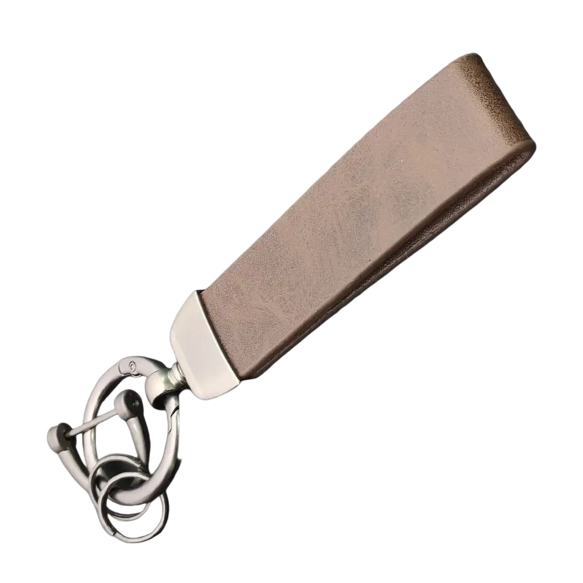 Brown leather custom logo car keychain with silver-toned metal clasp and ring personalized for keys
