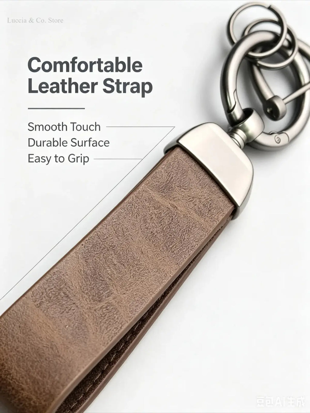Brown leather custom logo car keychain with silver-toned metal clasp and ring for personalized use