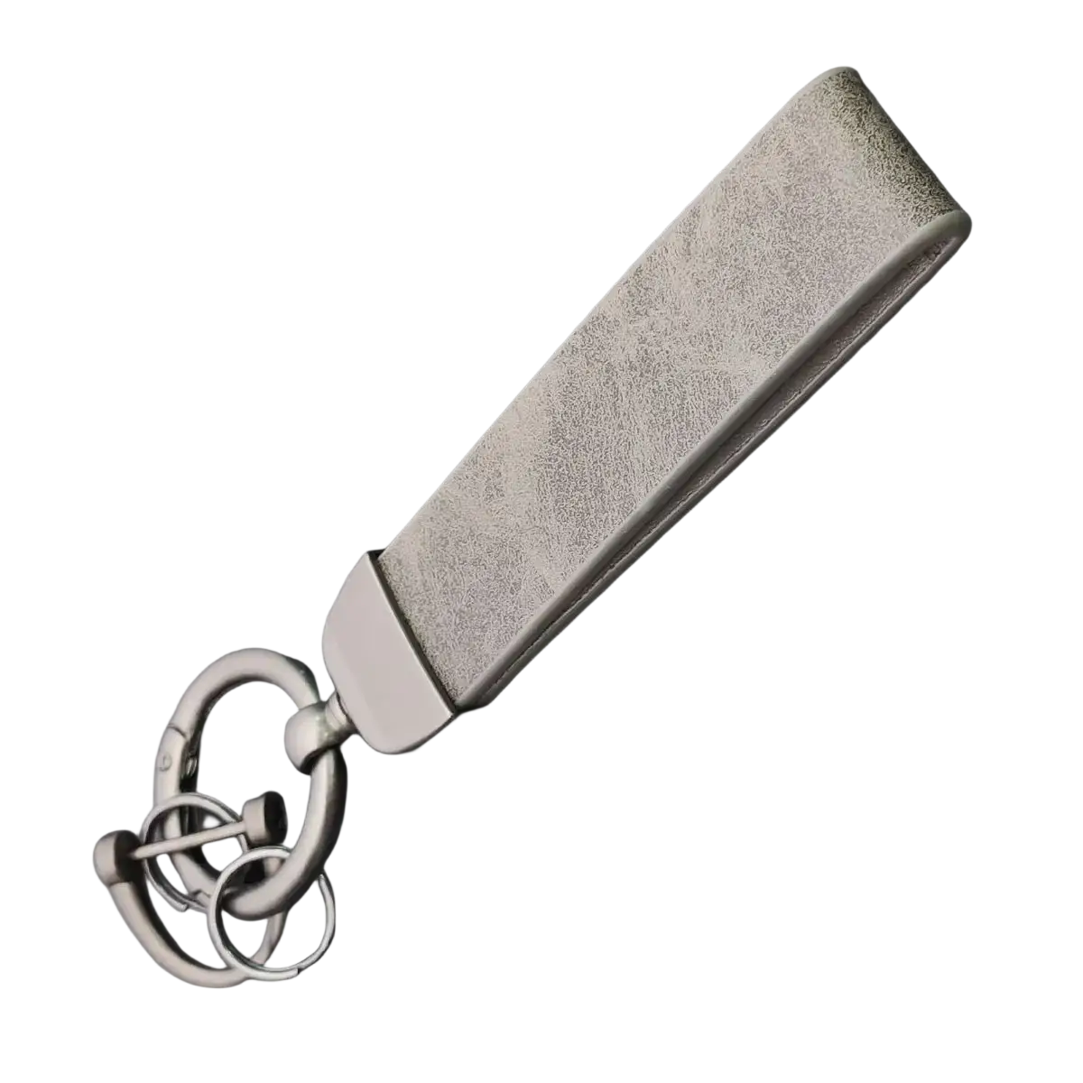 Gray textured leather custom logo car keychain with metallic ring and multiple smaller rings for personalized use