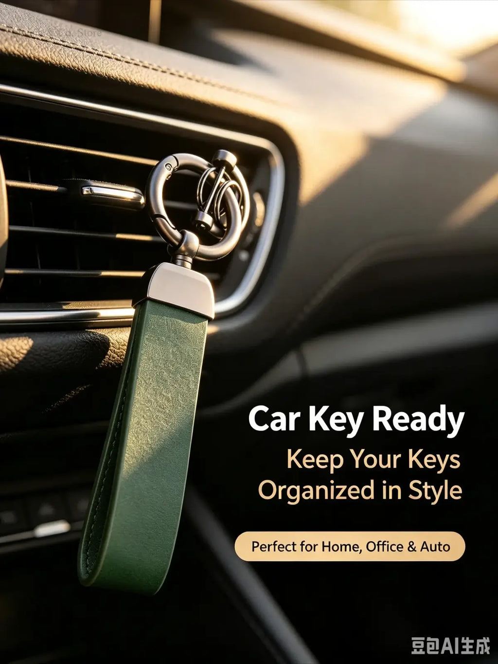 A sleek green leather custom logo car keychain with polished silver metal ring and clasp for stylish key organization