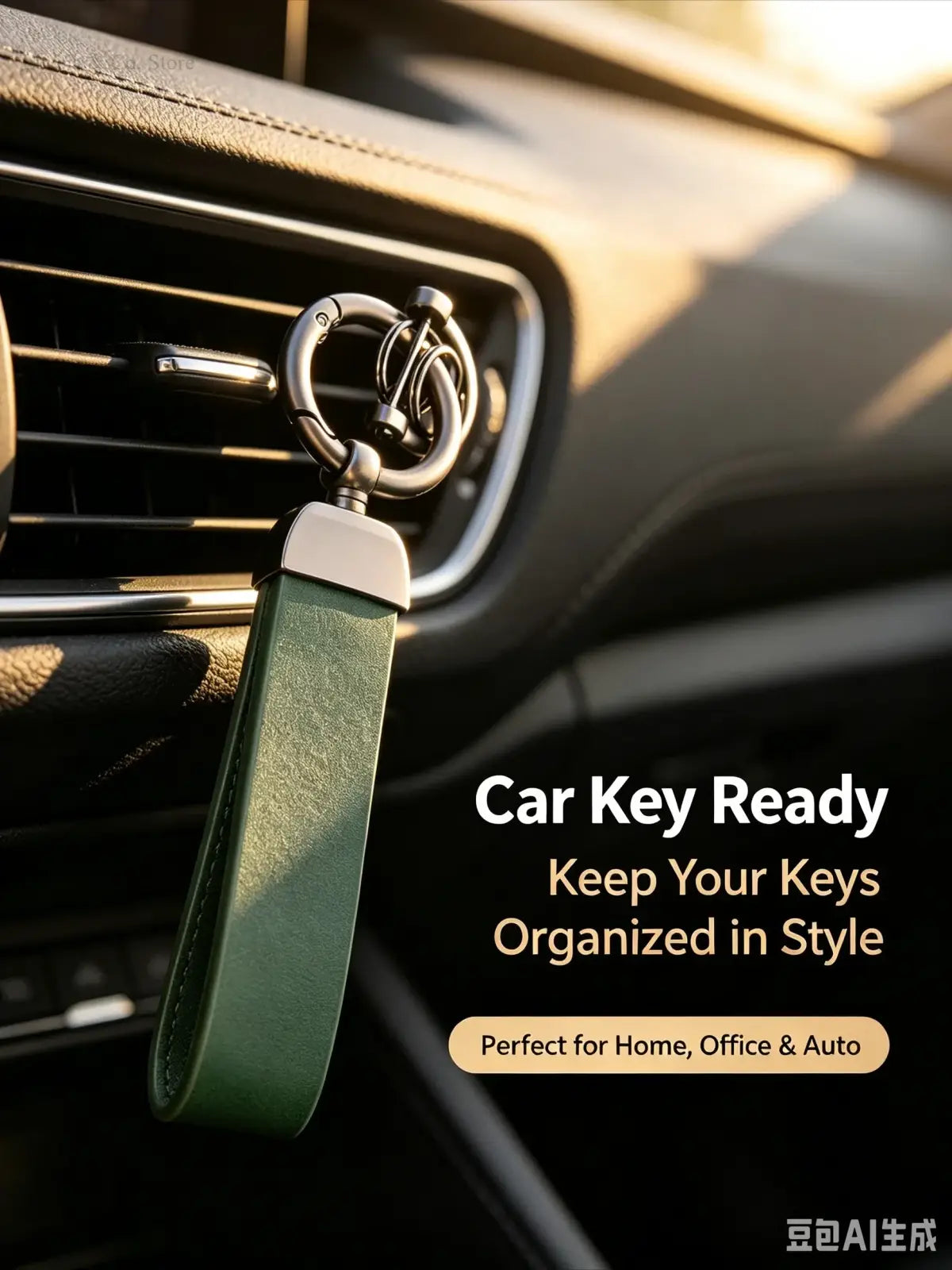 A sleek green leather custom logo car keychain with polished silver metal ring and clasp for stylish key organization