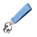 A sleek light blue leather custom logo car keychain with a silver metal ring and clasp personalized design