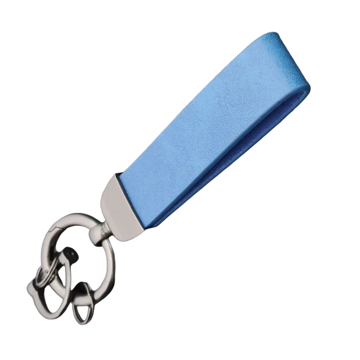 A sleek light blue leather custom logo car keychain with a silver metal ring and clasp personalized design