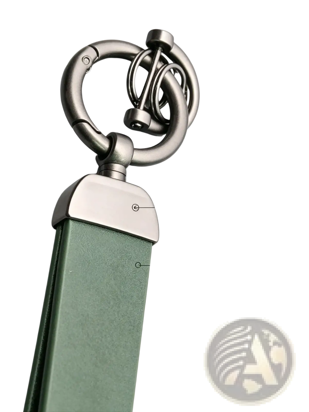 A sleek olive green leather custom logo car keychain with polished silver metal clasp and carabiner ring