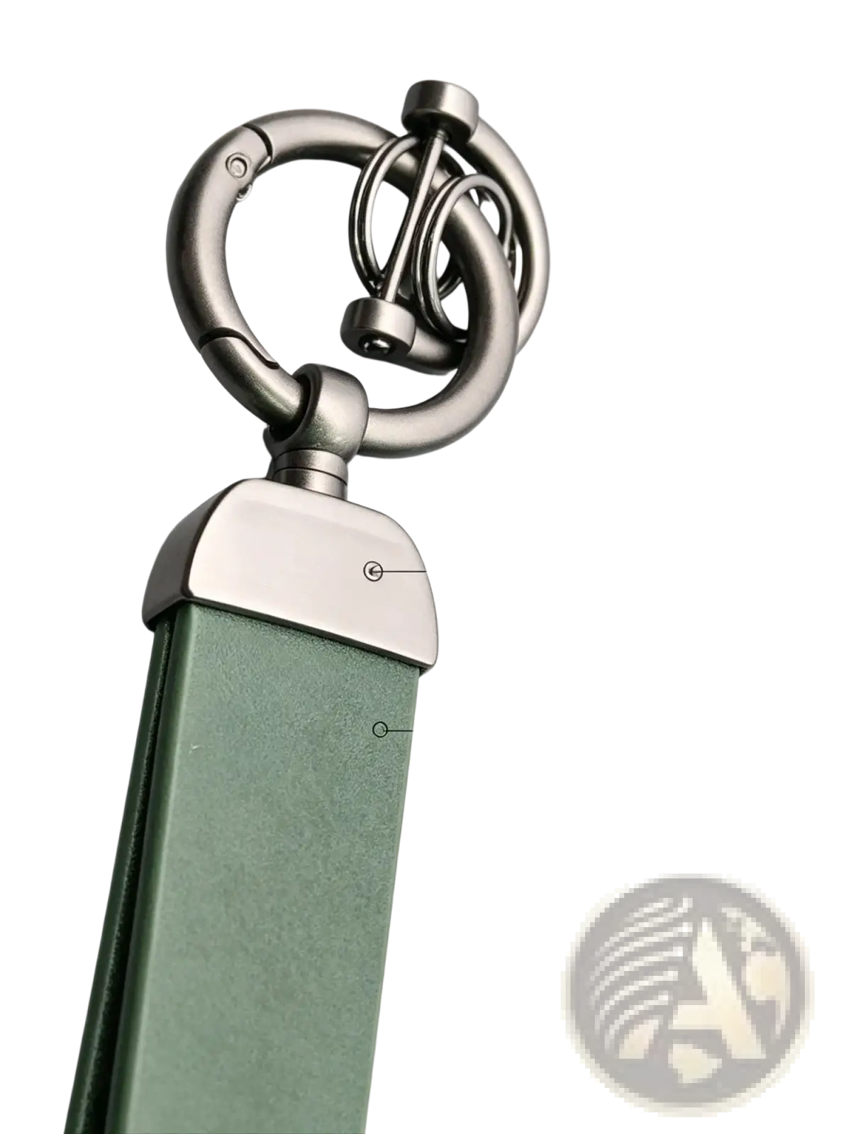 A sleek olive green leather custom logo car keychain with polished silver metal clasp and carabiner ring