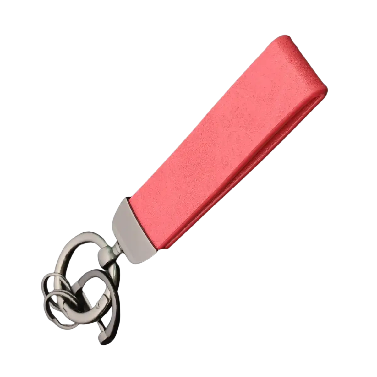 A sleek red leather custom logo car keychain with polished silver-toned metal clasp and interlocking ring design
