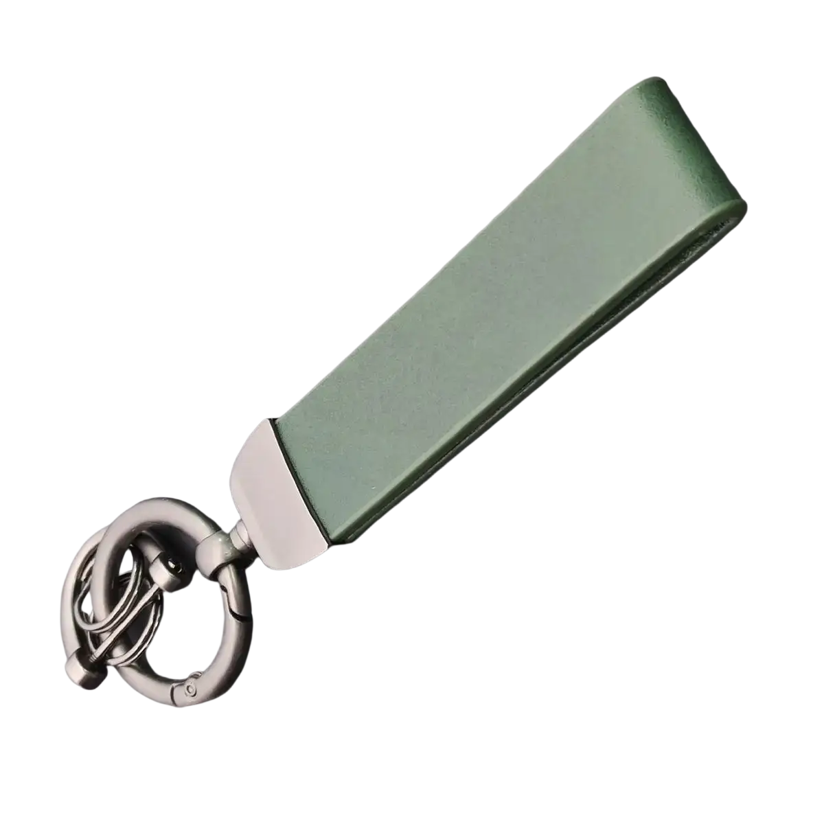 Custom logo car keychain featuring a sleek sage green leather with silver-toned metal ring and clasp