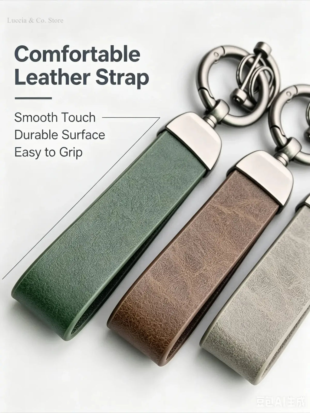 Three custom logo car keychains in green brown and gray leather with personalized metal silver-toned hardware