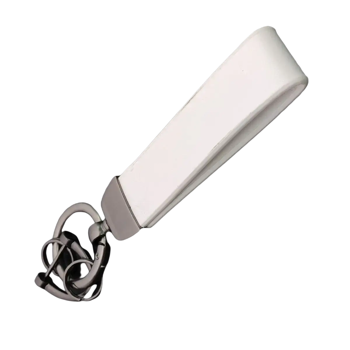White silicone custom logo car keychain with sleek metallic clasp and interlocking leather and metal rings