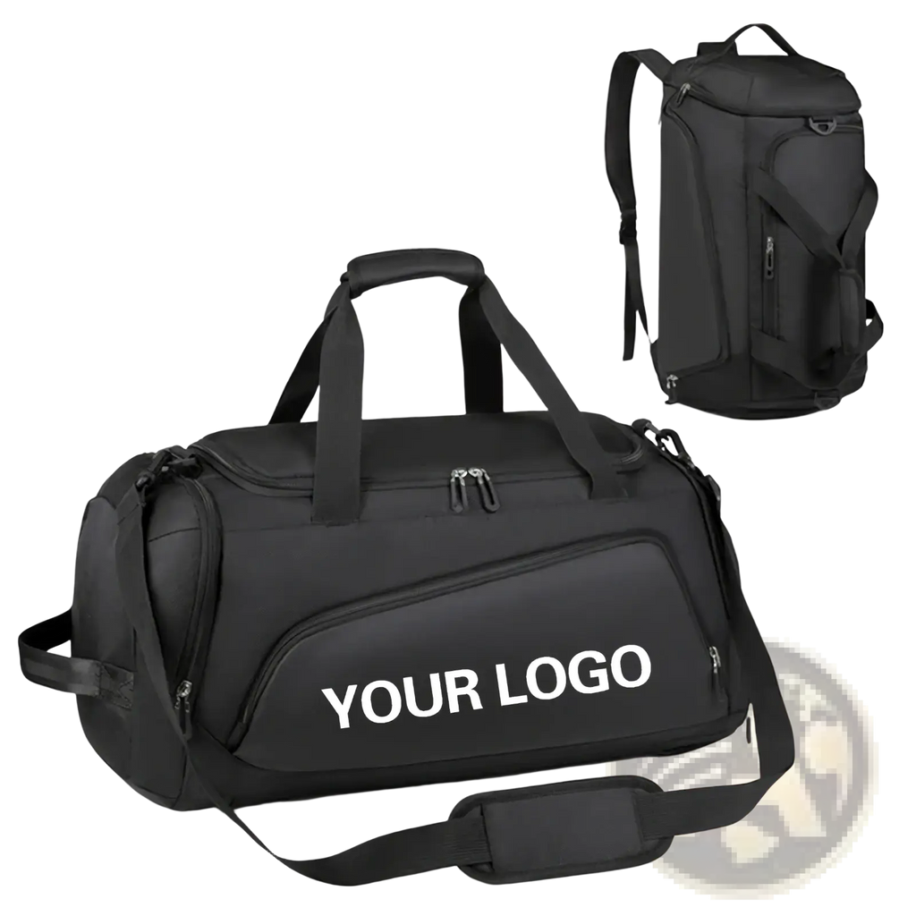 Black custom logo gym duffel bag with adjustable shoulder strap multiple zippers for wet dry fitness travel use