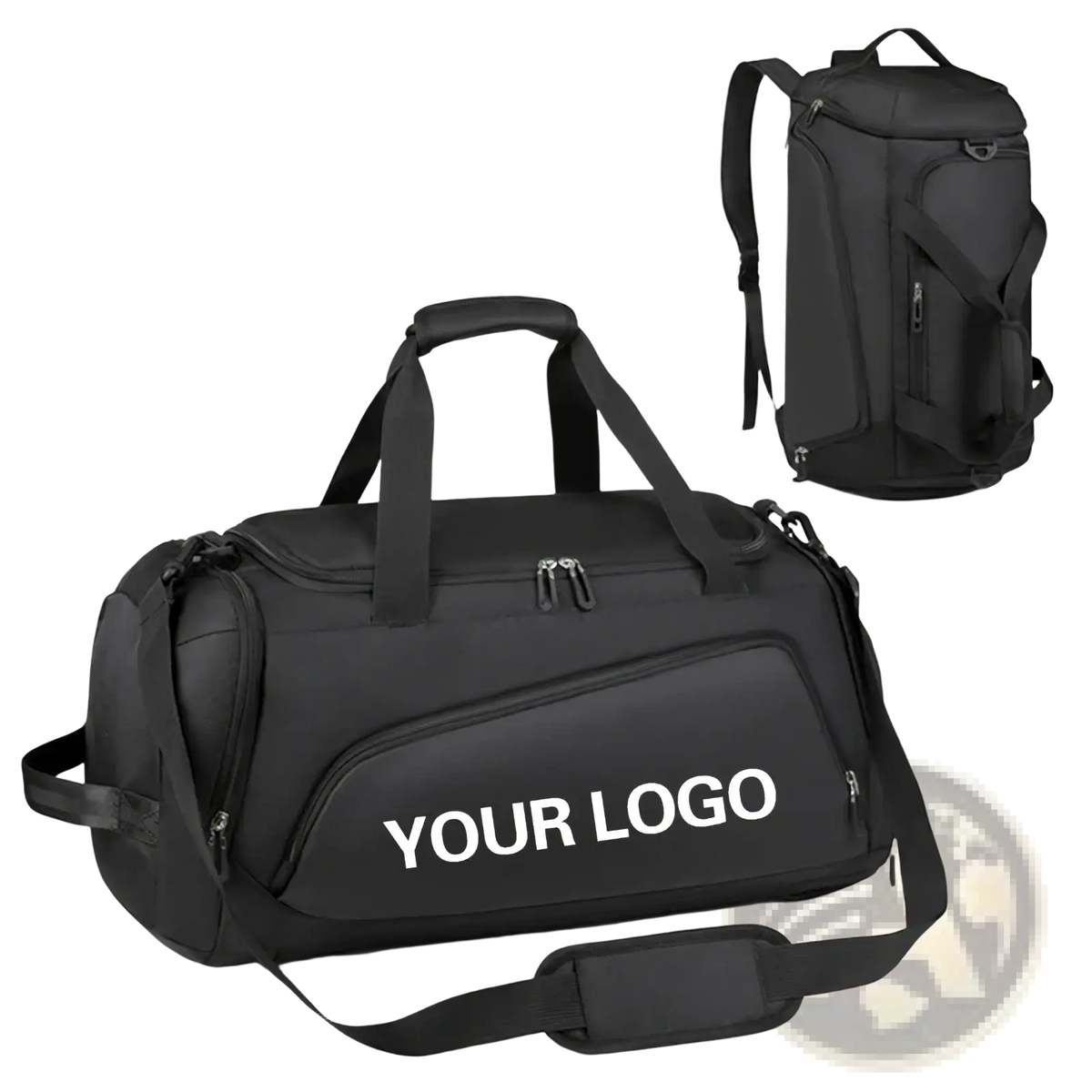 Black custom logo gym duffel bag with adjustable shoulder strap multiple zippers for wet dry fitness travel use