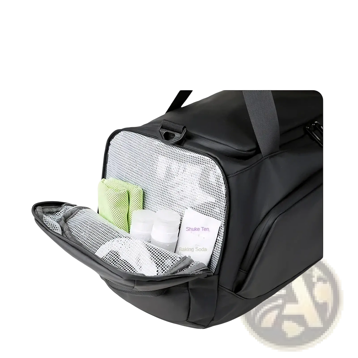 Black waterproof separation bag with mesh lining and dual compartments for toiletries in custom logo gym duffel bag