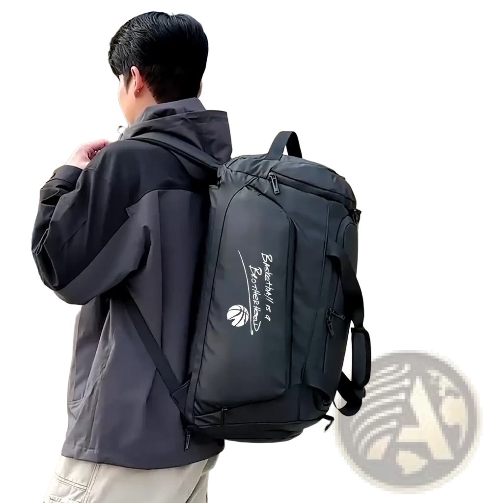 Black basketball-themed duffel bag with white script and logo detailing designed as a wet dry fitness travel tote