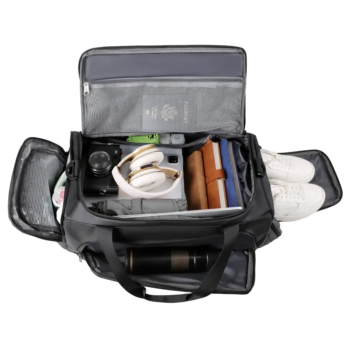 Black custom logo gym duffel bag with mesh compartments and multiple zippers for organizing fitness and travel essentials