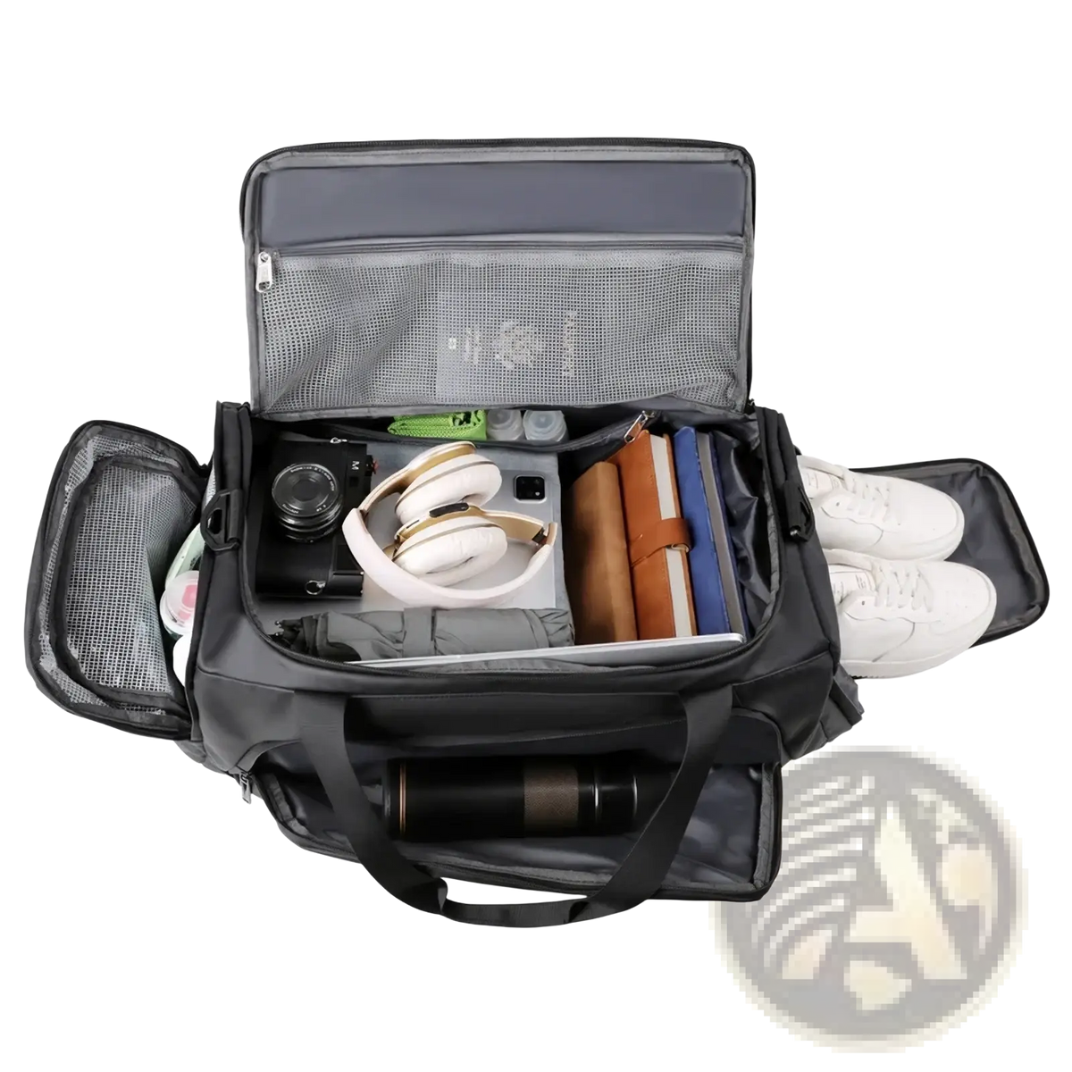 Black custom logo gym duffel bag with mesh compartments and multiple zippers for organizing fitness and travel essentials