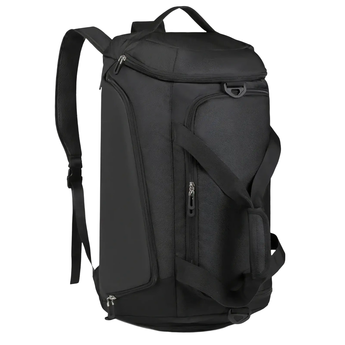 Black shoulder-style duffel bag with multiple zippers and reinforced straps for wet dry gym fitness travel use