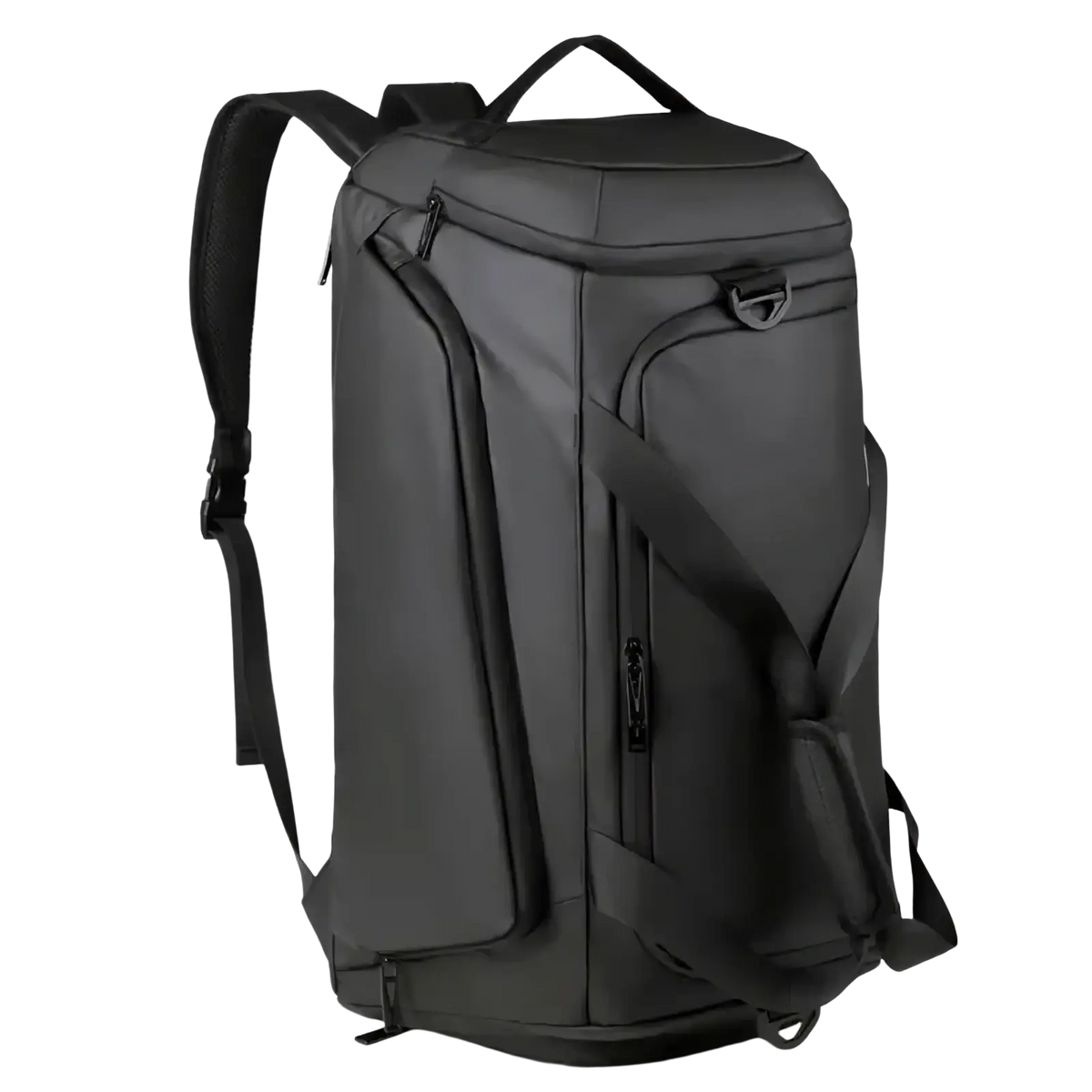 Black shoulder-style gym duffel bag with sleek design and multiple zippered compartments for fitness and travel use