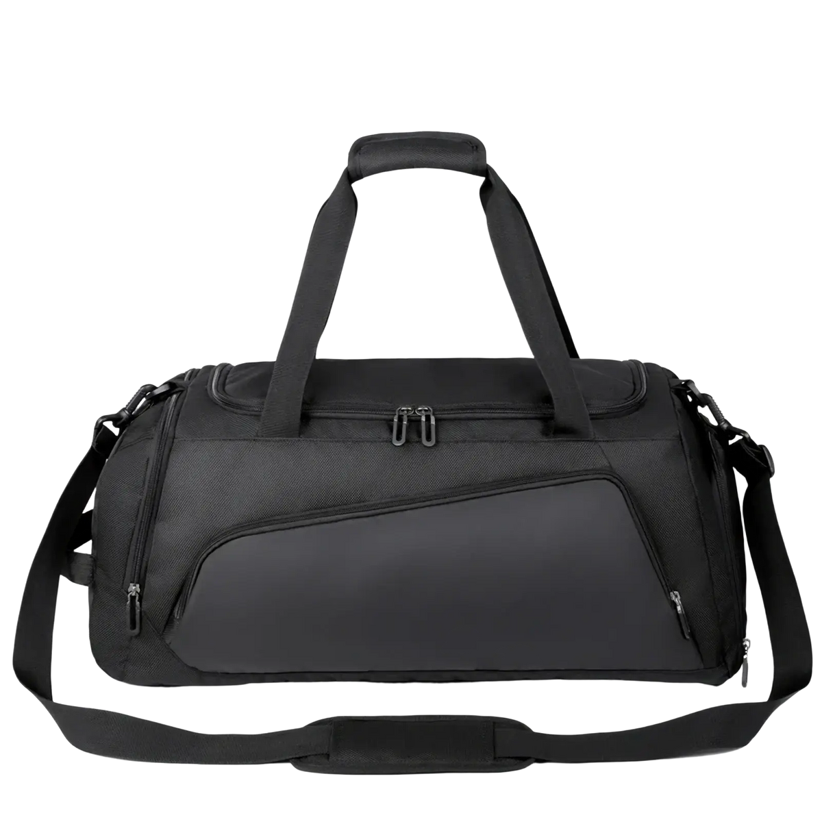 Black single-shoulder gym duffel bag with textured fabric and multiple zippered compartments for wet dry use