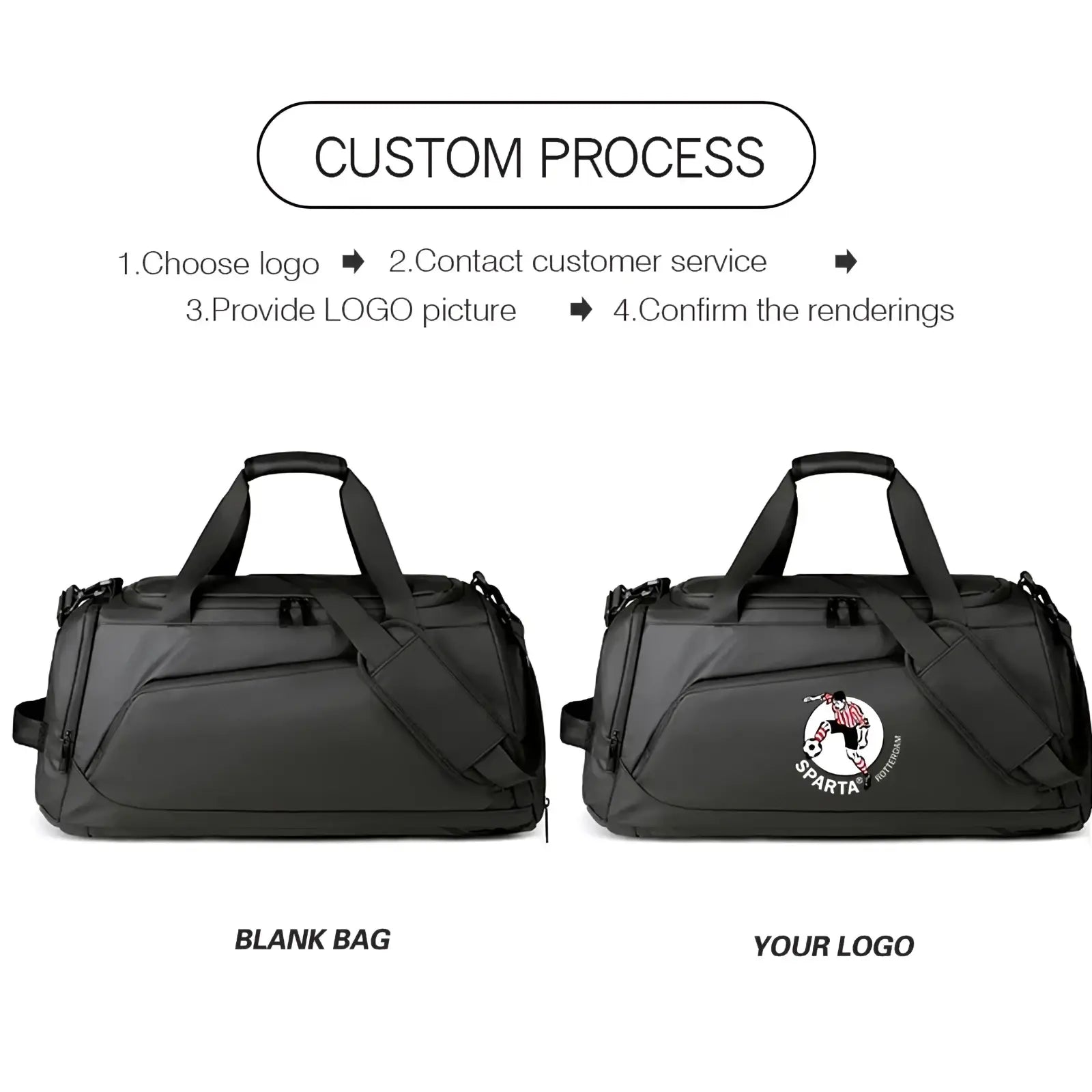 Black sport duffel bag with adjustable shoulder strap and front zippered pocket for gym wet dry fitness travel use