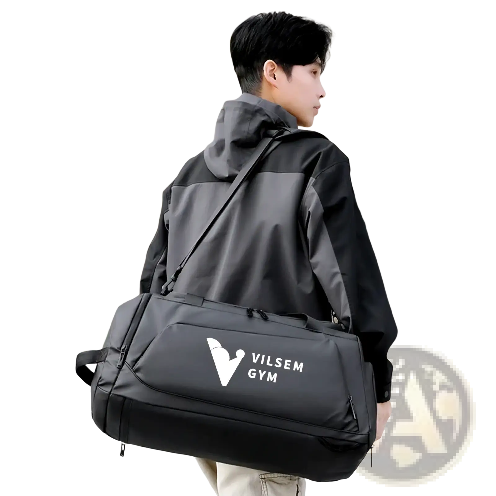 Black vilsem gym duffel bag with white logo and zippers designed for wet dry fitness and travel use