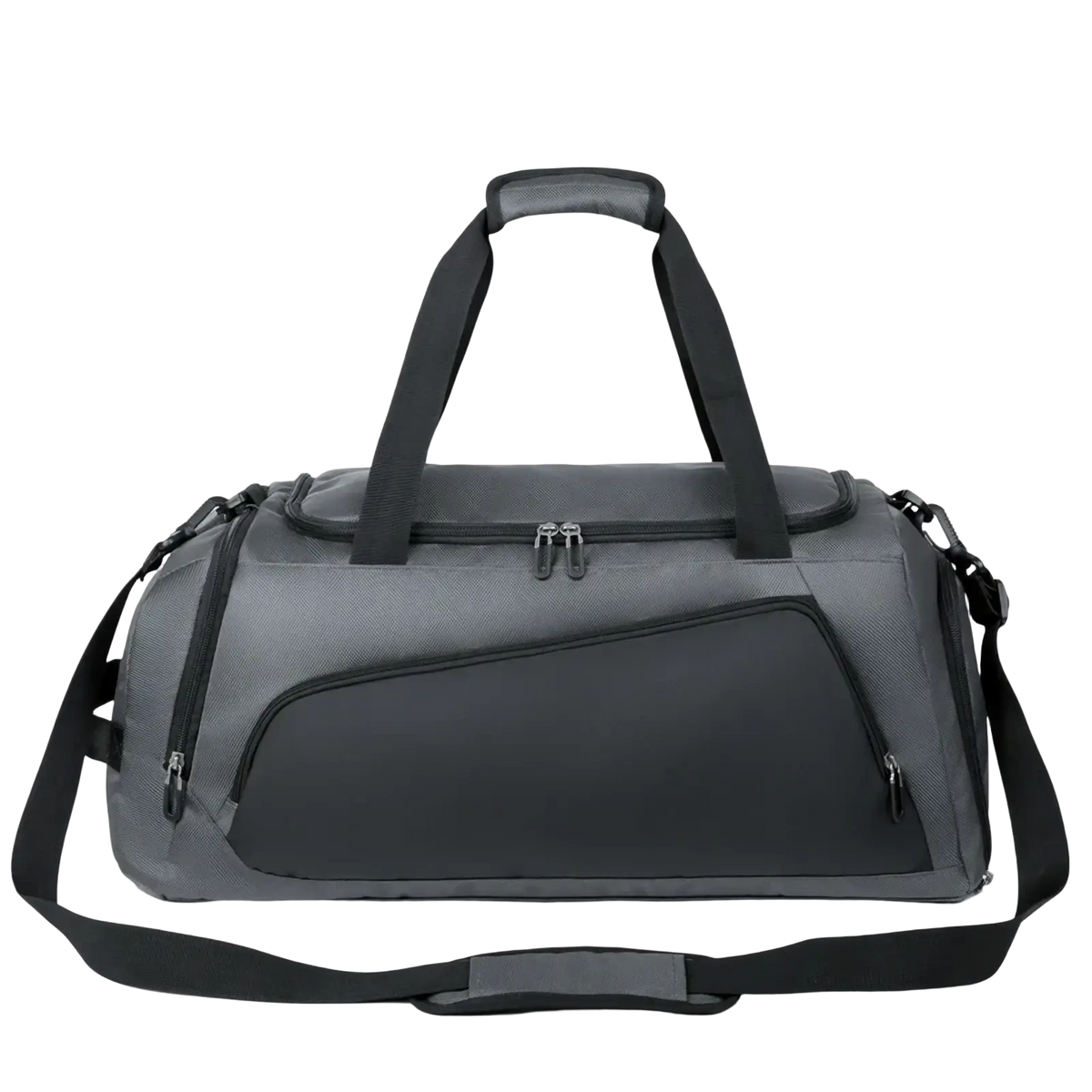 Gray and black custom logo gym duffel bag with textured fabric body, reinforced handles, and multiple zippered compartments