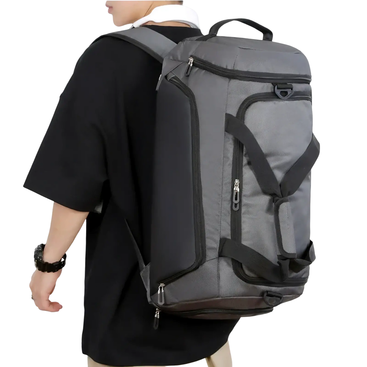 Gray and black custom logo gym duffel bag with multiple zippers and reinforced straps for wet dry fitness travel use