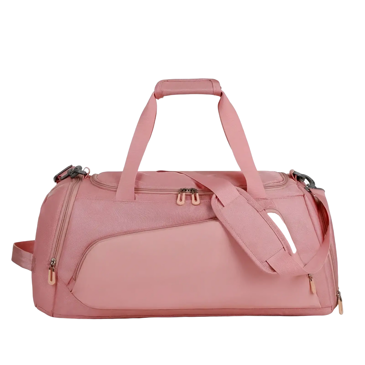 Pink single-shoulder duffel bag with multiple zippers and top handle for custom logo gym wet dry fitness travel tote