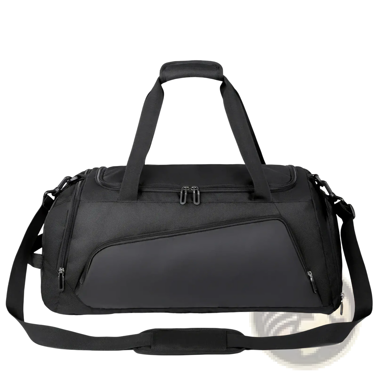Black single-shoulder gym duffel bag with textured fabric and multiple zippered compartments for wet dry use