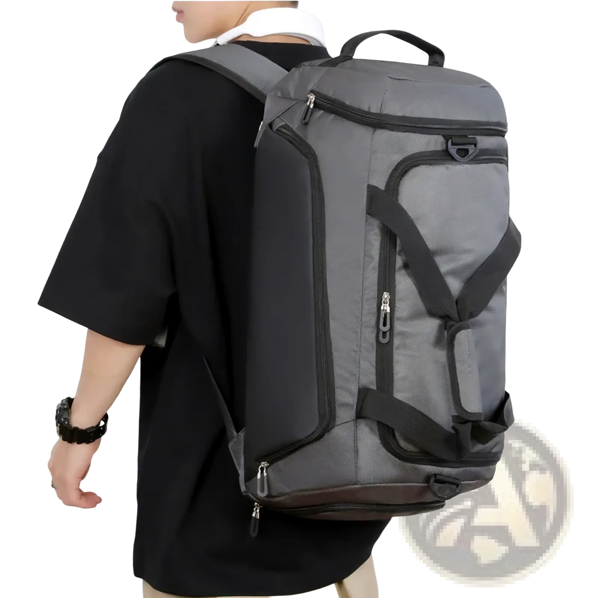 Gray and black custom logo gym duffel bag with multiple zippers and reinforced straps for wet dry fitness travel use