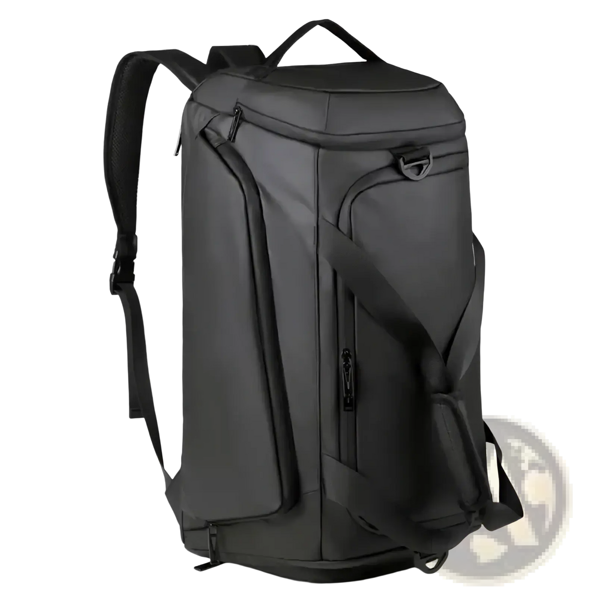 Black shoulder-style gym duffel bag with sleek design and multiple zippered compartments for fitness and travel use