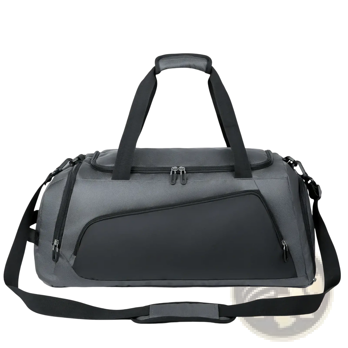 Gray and black custom logo gym duffel bag with textured fabric body, reinforced handles, and multiple zippered compartments