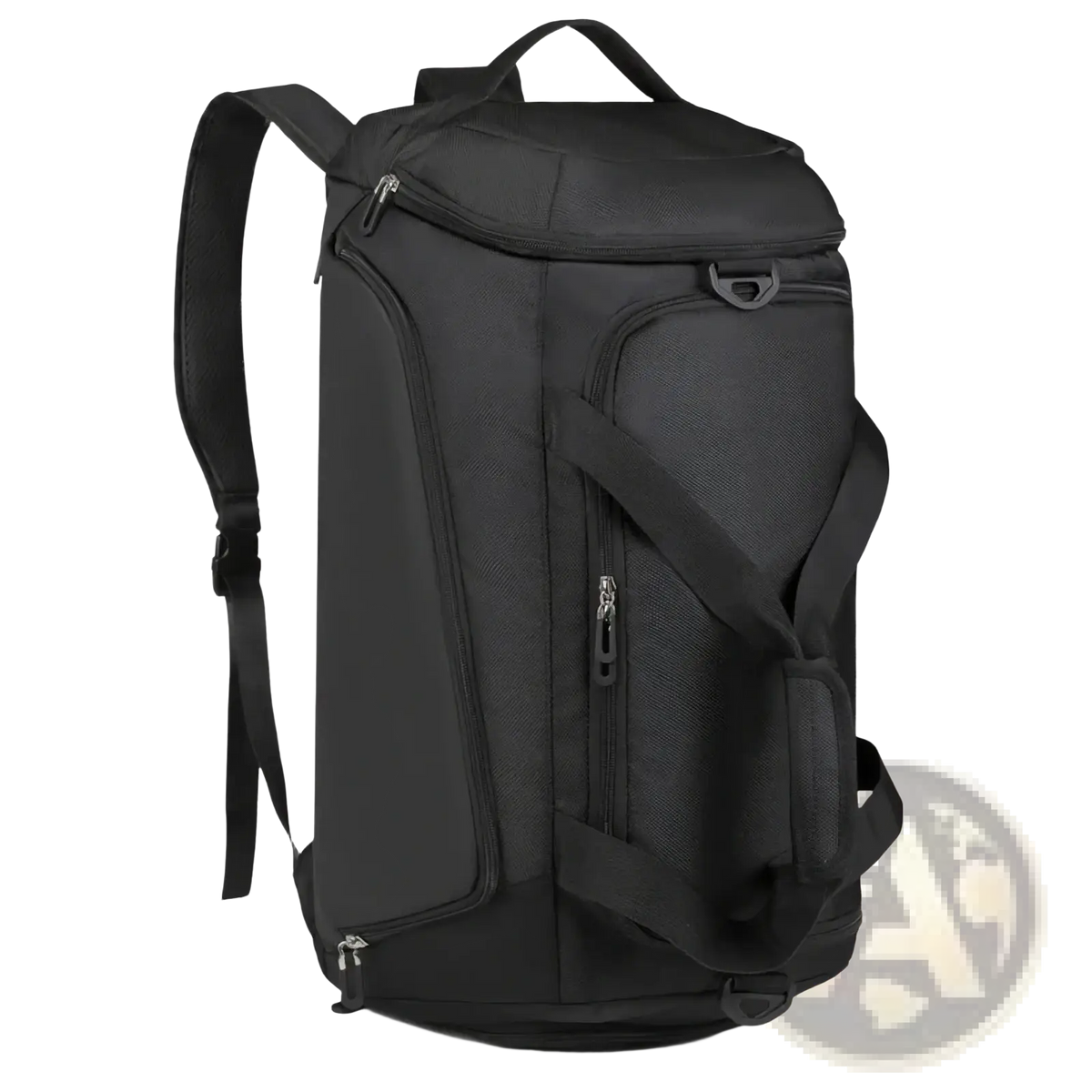 Black shoulder-style duffel bag with multiple zippers and reinforced straps for wet dry gym fitness travel use