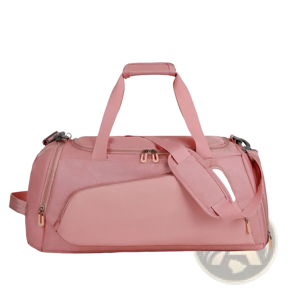 Pink single-shoulder duffel bag with multiple zippers and top handle for custom logo gym wet dry fitness travel tote