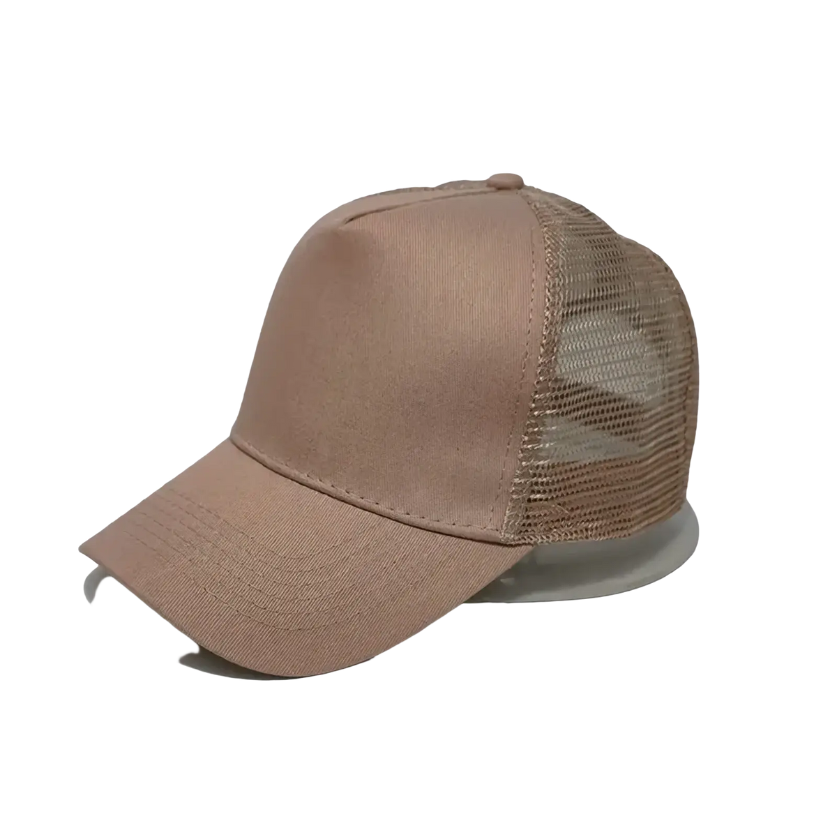 Beige custom logo mesh trucker hat with solid front panel and breathable mesh back for casual outdoor use