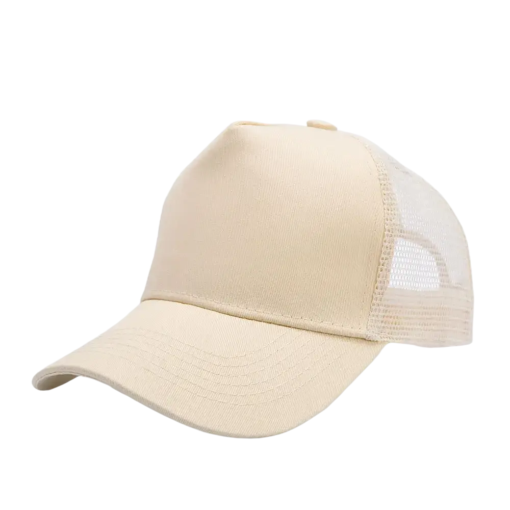 Beige custom logo mesh trucker hat with solid front panel and breathable mesh back for casual outdoor use