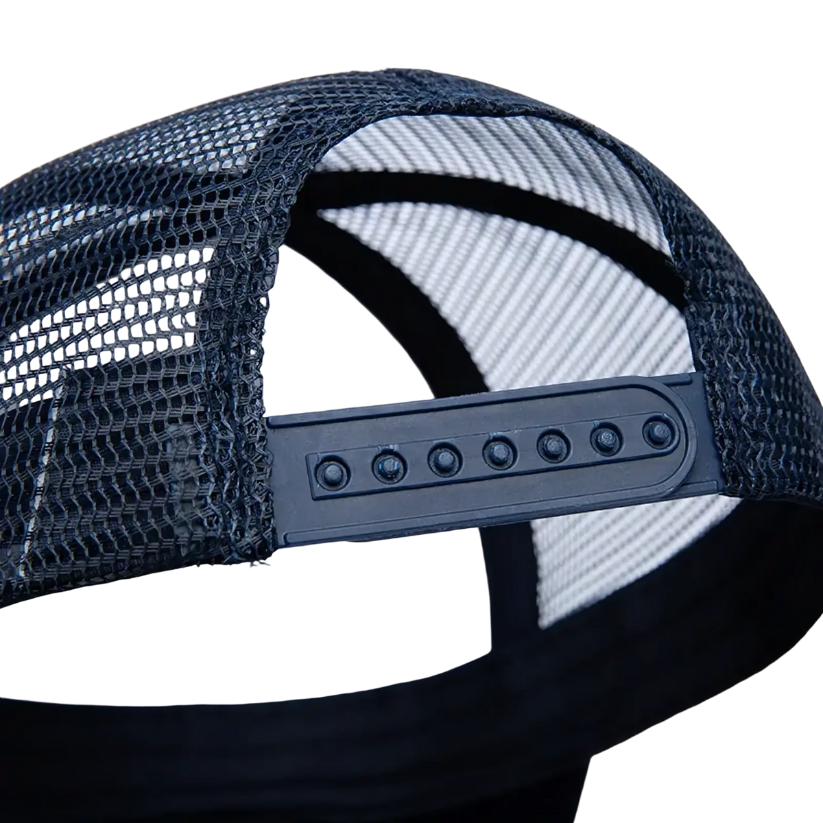 Black mesh trucker hat with custom logo and adjustable plastic back strap shown from the back side