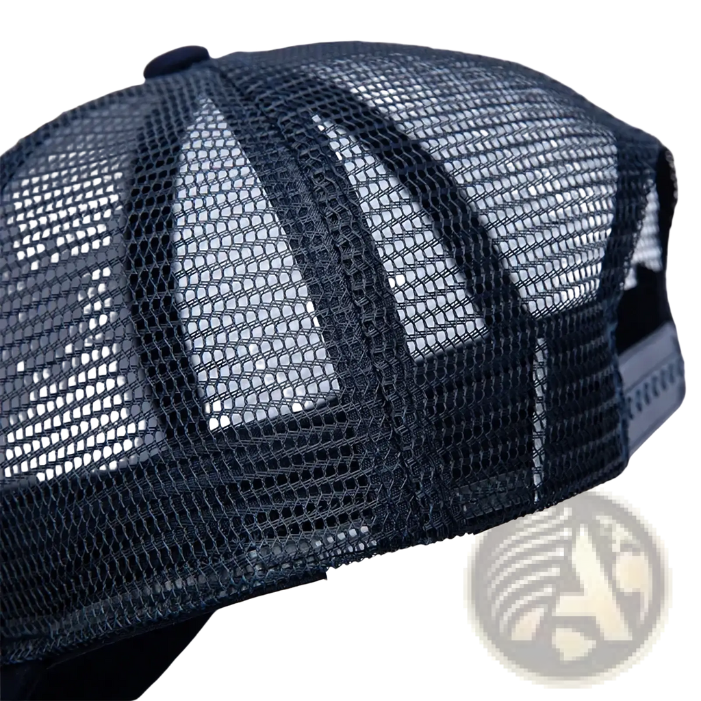 Black mesh trucker hat with structured crown and adjustable strap shown from the back for custom logo use