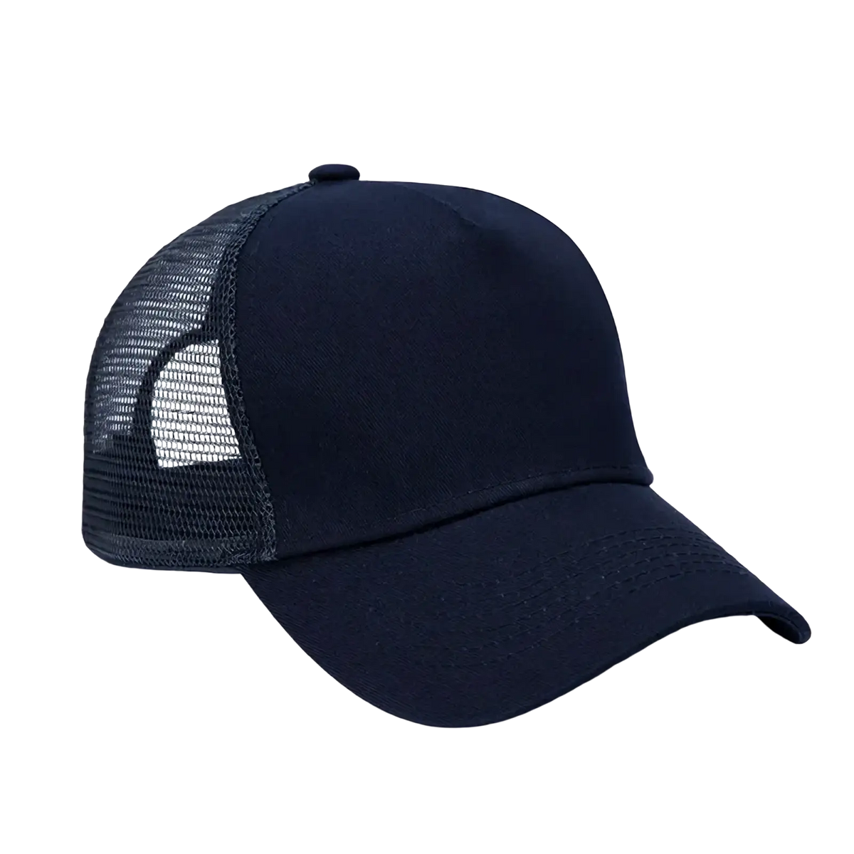 Black custom logo mesh trucker hat with solid front panel and breathable mesh back for comfortable wear