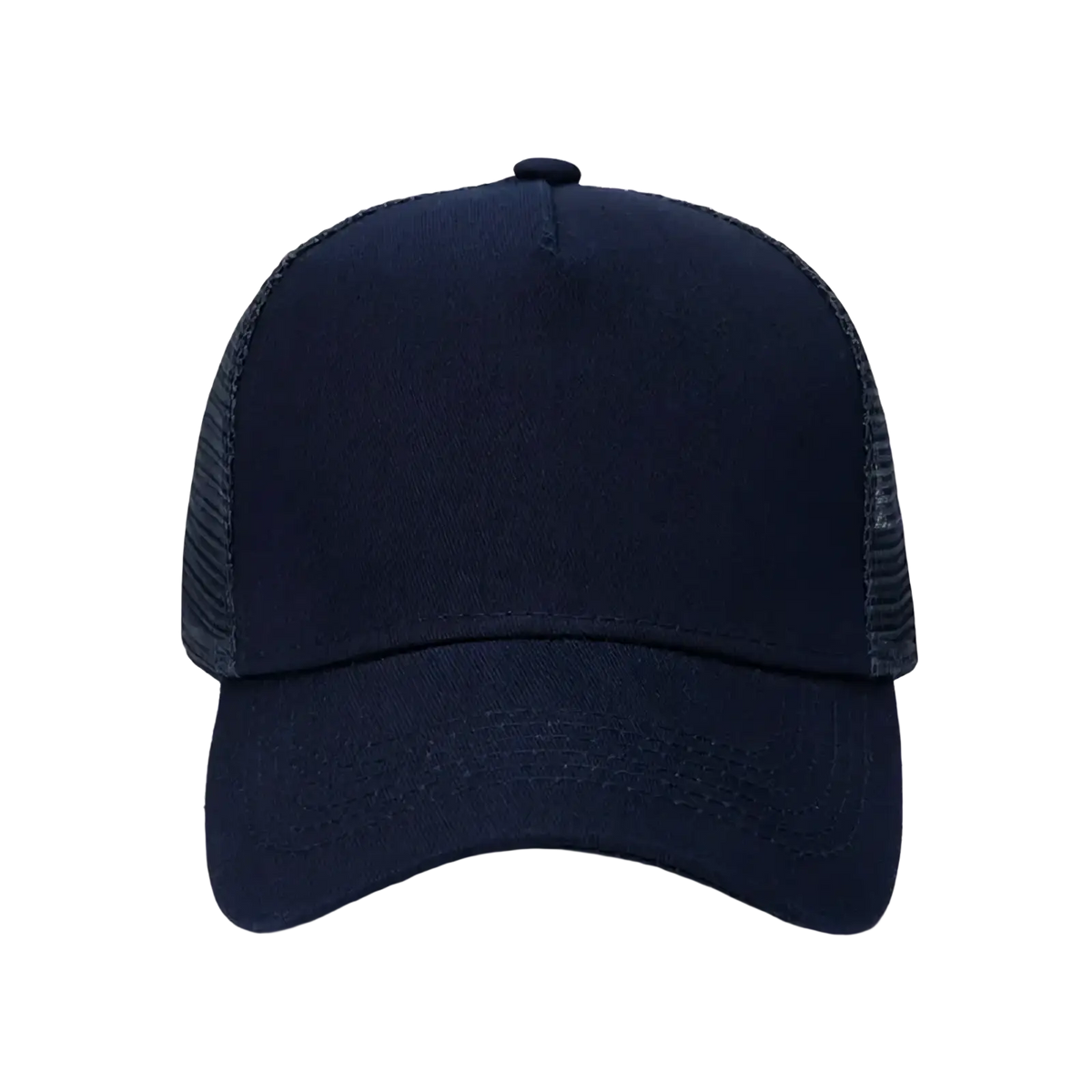 Black custom logo mesh trucker hat with solid front panel and breathable mesh back for casual wear