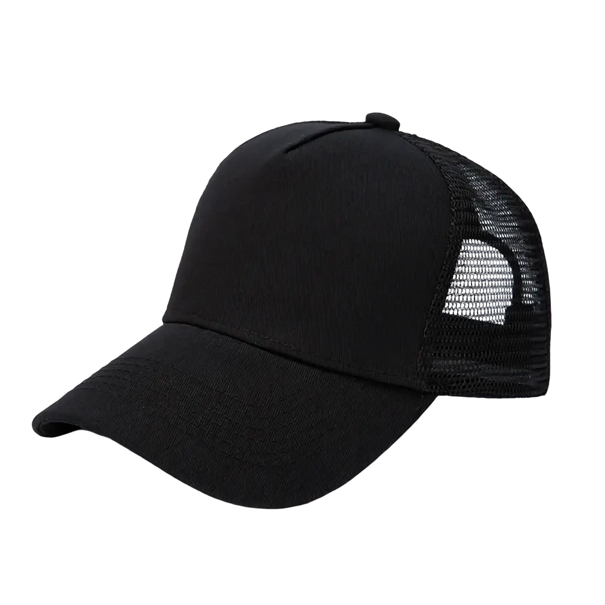 Black custom logo mesh trucker hat with solid front panel and breathable mesh back for comfortable wear