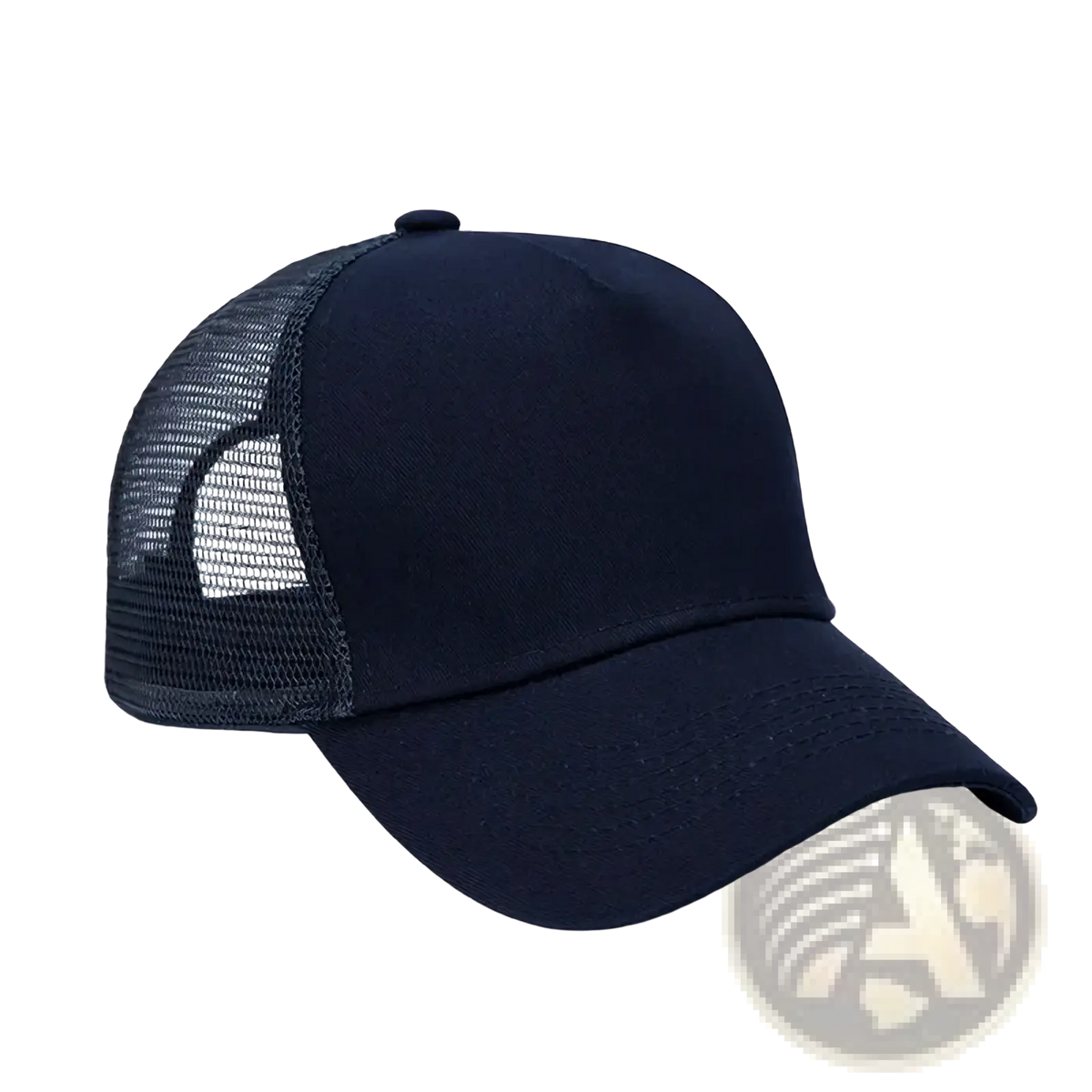 Black custom logo mesh trucker hat with solid front panel and breathable mesh back for comfortable wear