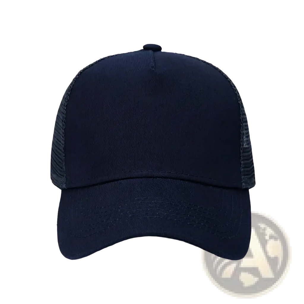 Black custom logo mesh trucker hat with solid front panel and breathable mesh back for casual wear