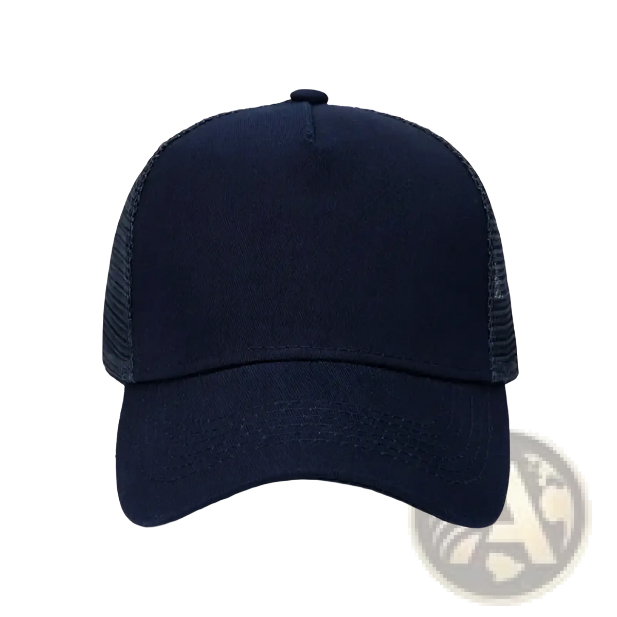 Black custom logo mesh trucker hat with solid front panel and breathable mesh back for casual wear