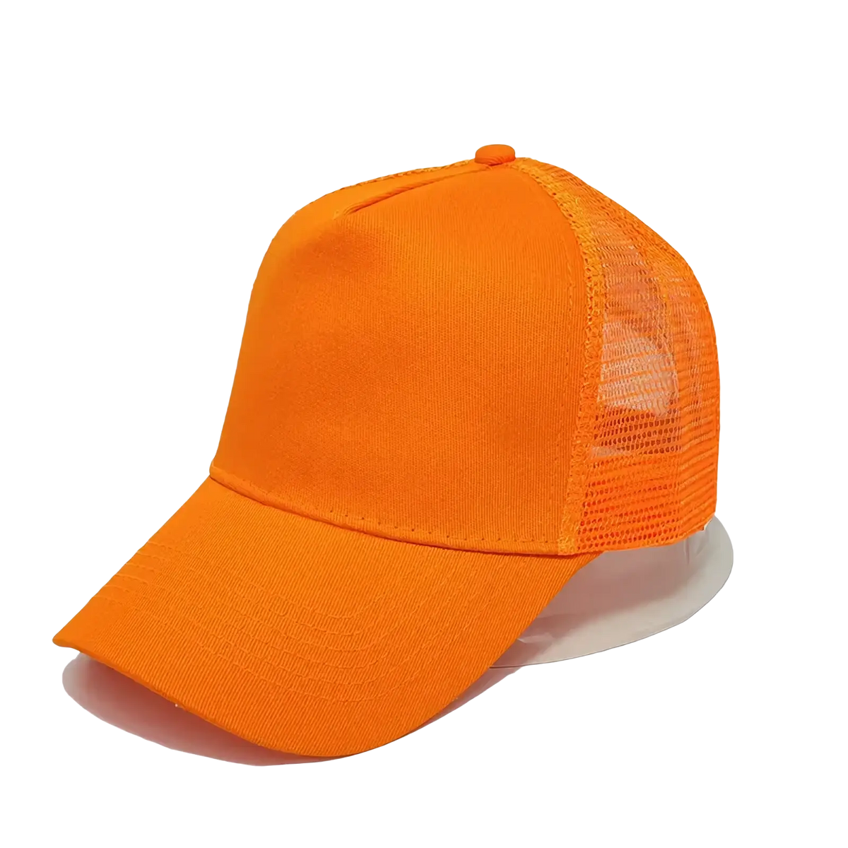 Bright orange custom logo mesh trucker hat with solid front panel and breathable mesh back for casual wear